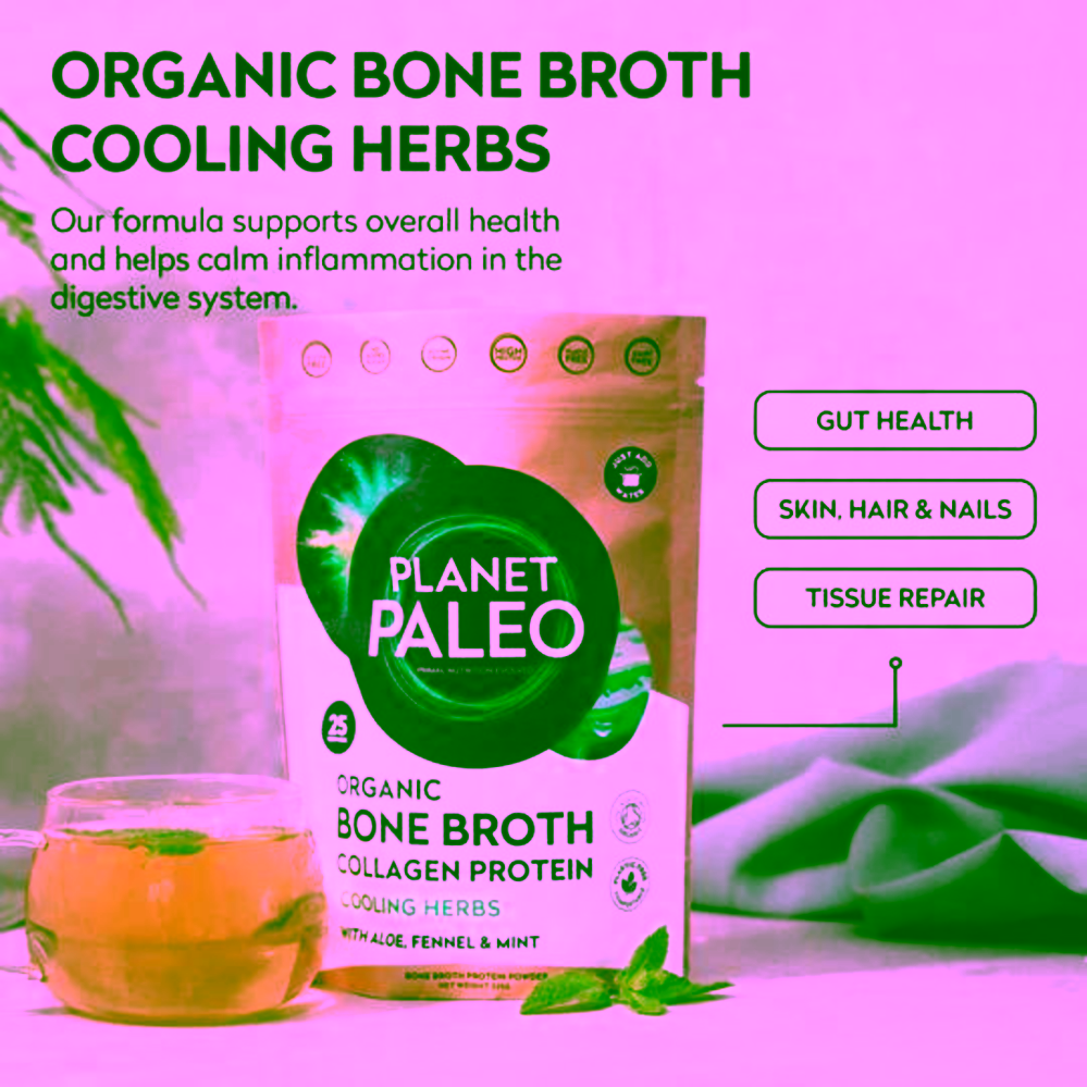 Planet Paleo Organic Bone Broth Cooling Herbs Hovězí vývar a protein na citlivé zažívání