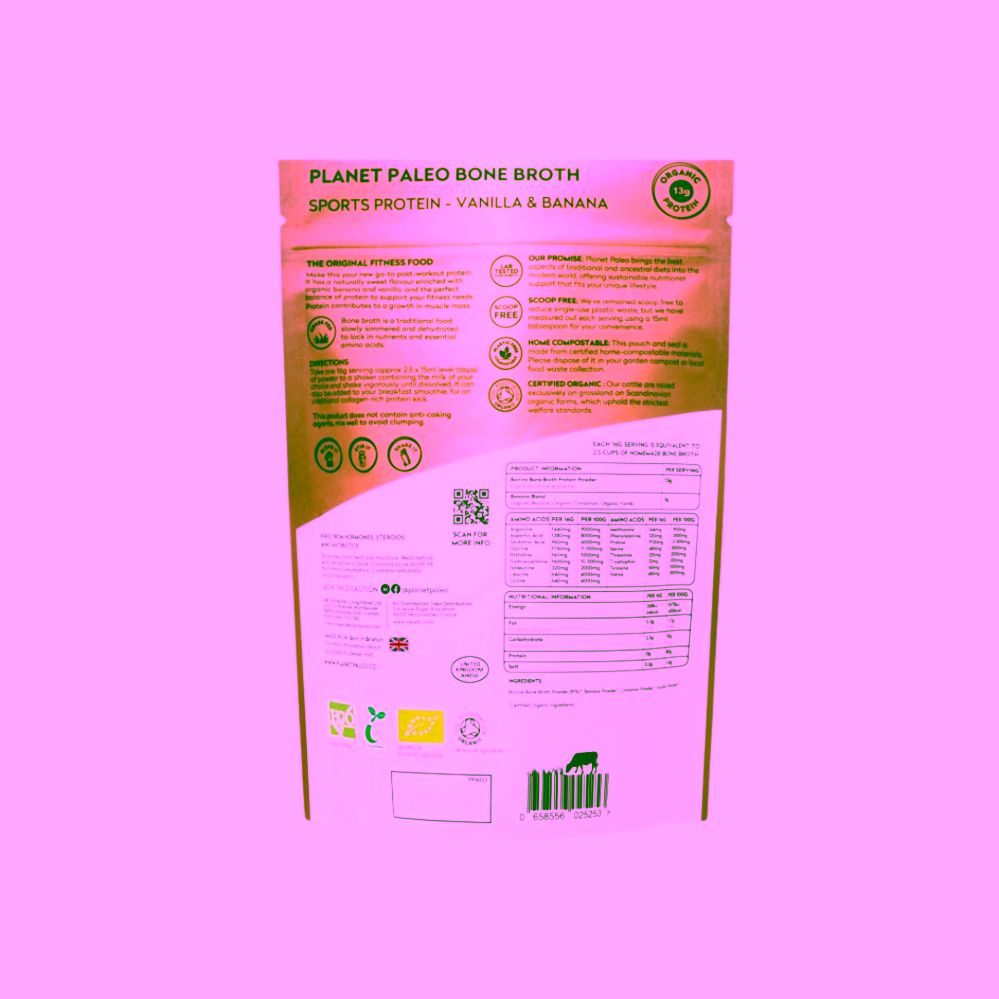 Planet Paleo Bone Broth Protein Powder Vanilla & Banana Protein pro sportovce banán a vanilka