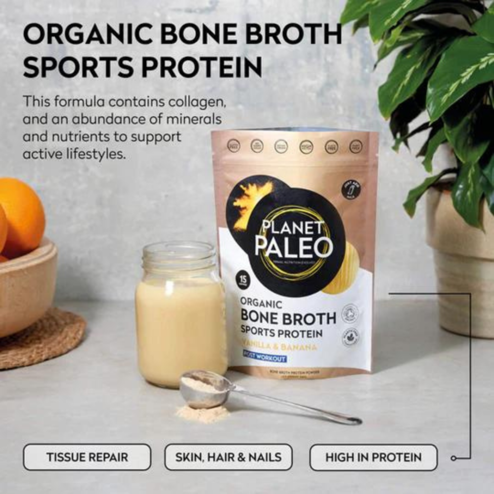 Planet Paleo Bone Broth Protein Powder Vanilla & Banana Protein pro sportovce banán a vanilka