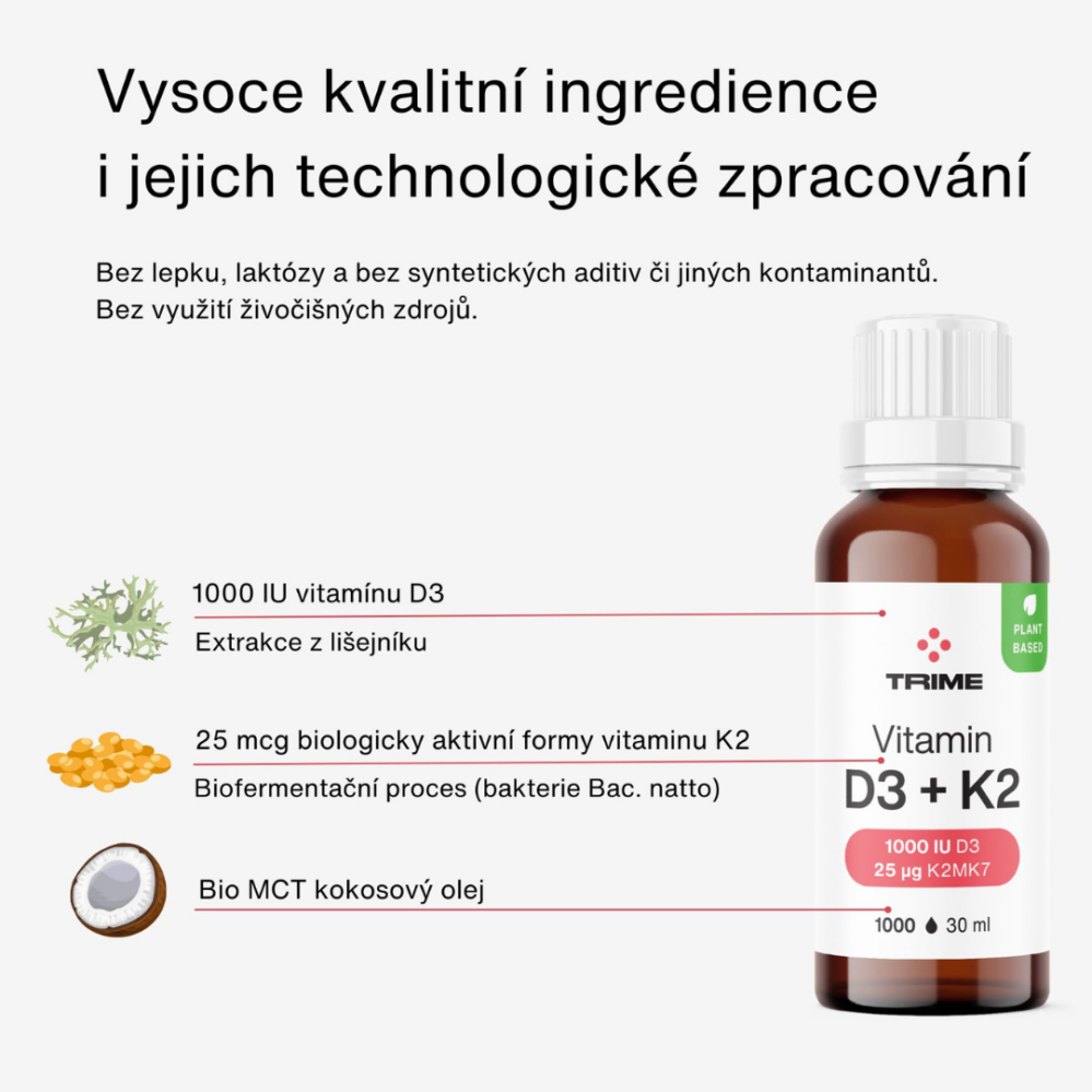 Trime Vitamín D3 + K2, 1000 IU D3 / 25 µg K2-MK7