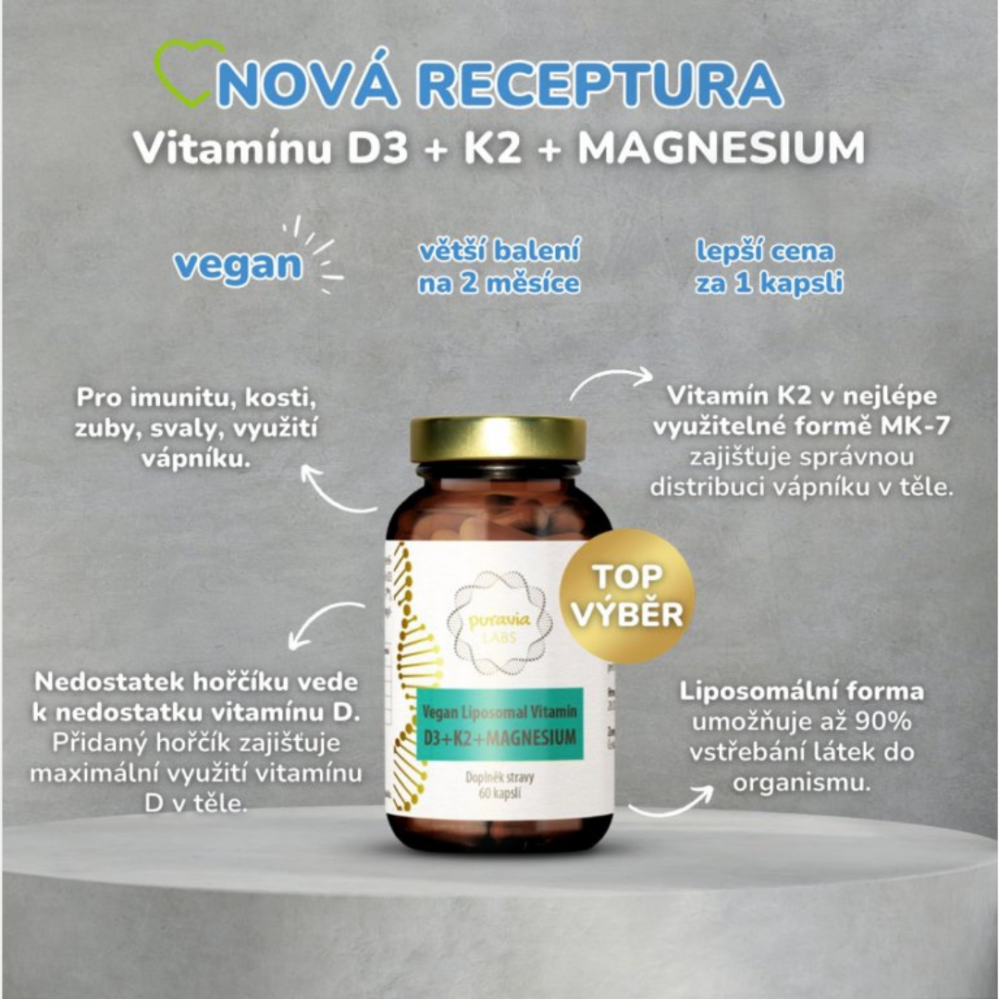 Puravia Labs liposomální vitamín D3+K2+magnesium vegan