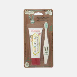 Jack n' Jill Přírodní zubní pasta Jahoda + dětský zubní kartáček rozložitelný v přírodě Zajíček
