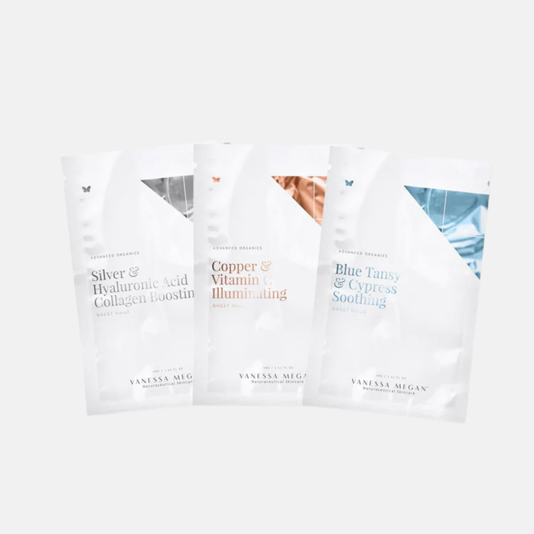 Vanessa Megan Trio aktivních pleťových masek Silver, Copper & Blue Sheet Mask Trio 3 Pack