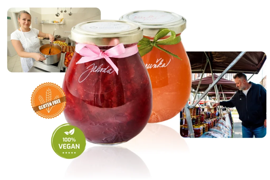 Marmelády s příběhem koláž produktů a záběrů z výroby