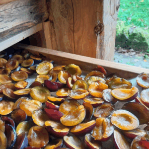 Květomluva ručně krájené a šetrně sušené švestky v roubené sušárně