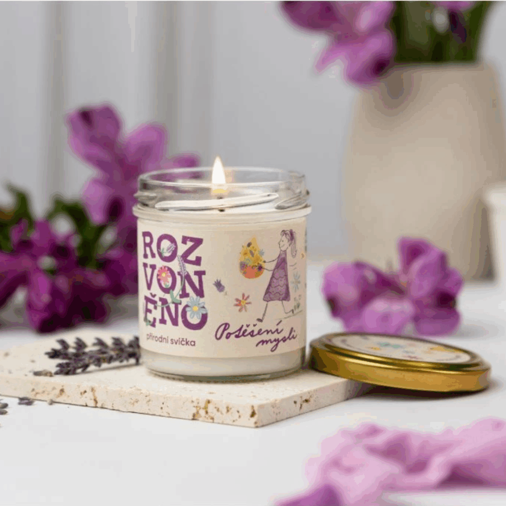Rozvoněno Potěšení mysli přírodní svíčka s BIO citronelou a levandulí 130 ml