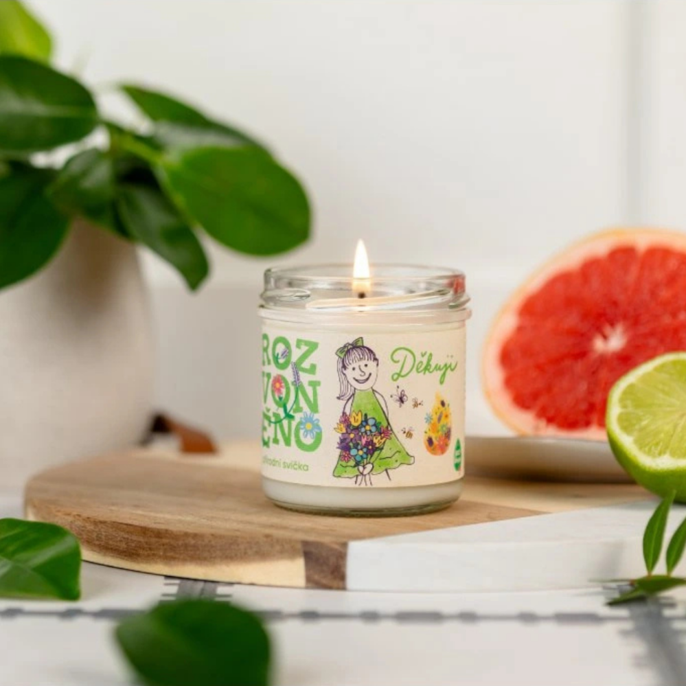 Rozvoněno Děkuji přírodní svíčka s BIO grepem, limetkou a bergamotem 130 ml