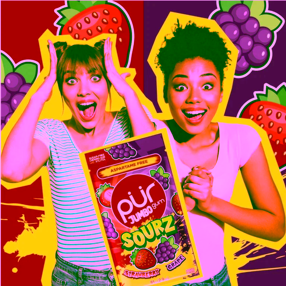 Pür Žvýkačky SOURZ Jumbo bez cukru jahoda a hroznové víno
