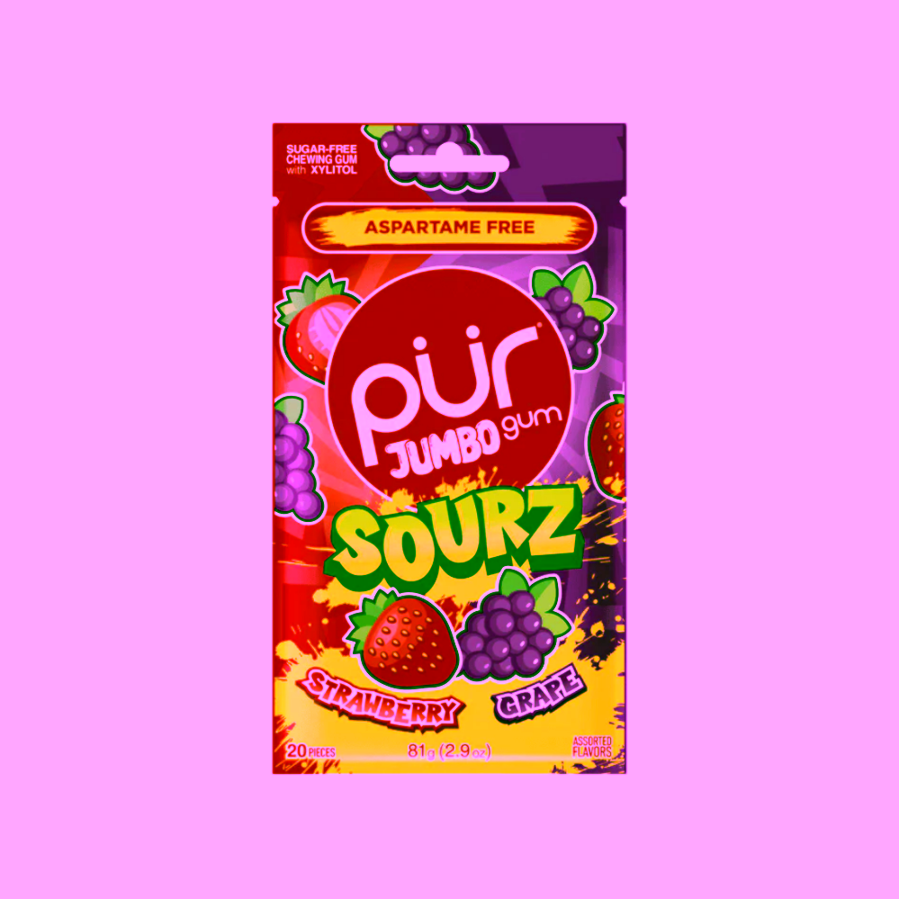 Pür Žvýkačky SOURZ Jumbo bez cukru jahoda a hroznové víno