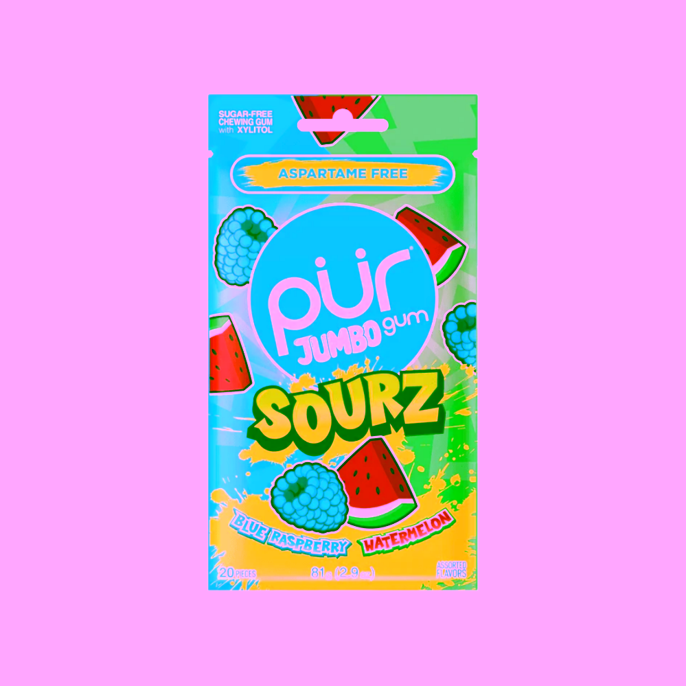 Pür Žvýkačky SOURZ Jumbo bez cukru modrá malina a vodní meloun